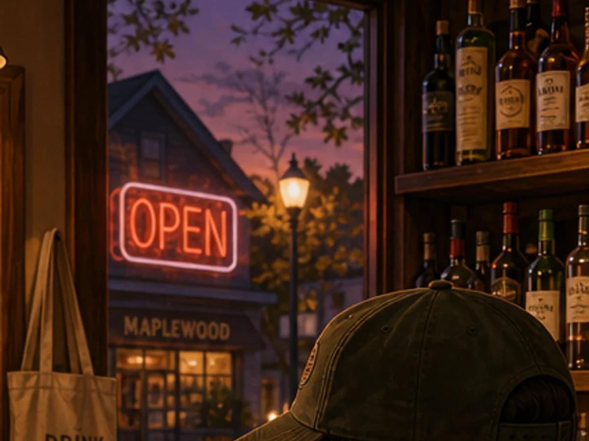 An independent neighborhood bottle shop glowing at dusk